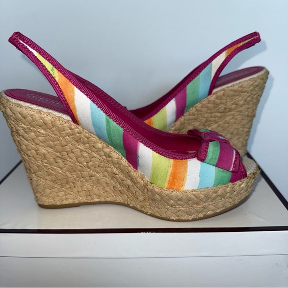 Coach Poppy Grace Watcol Multicolor Wedge Straw Collection Sandals 9 Medium - Picture 1 of 15